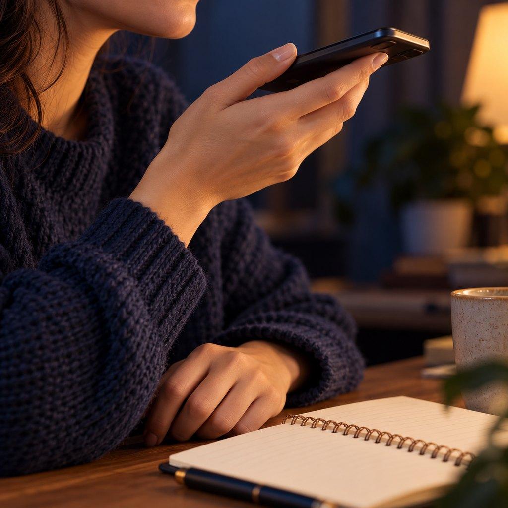 スマートフォンに話しかけて音声入力する手元（イメージ）
